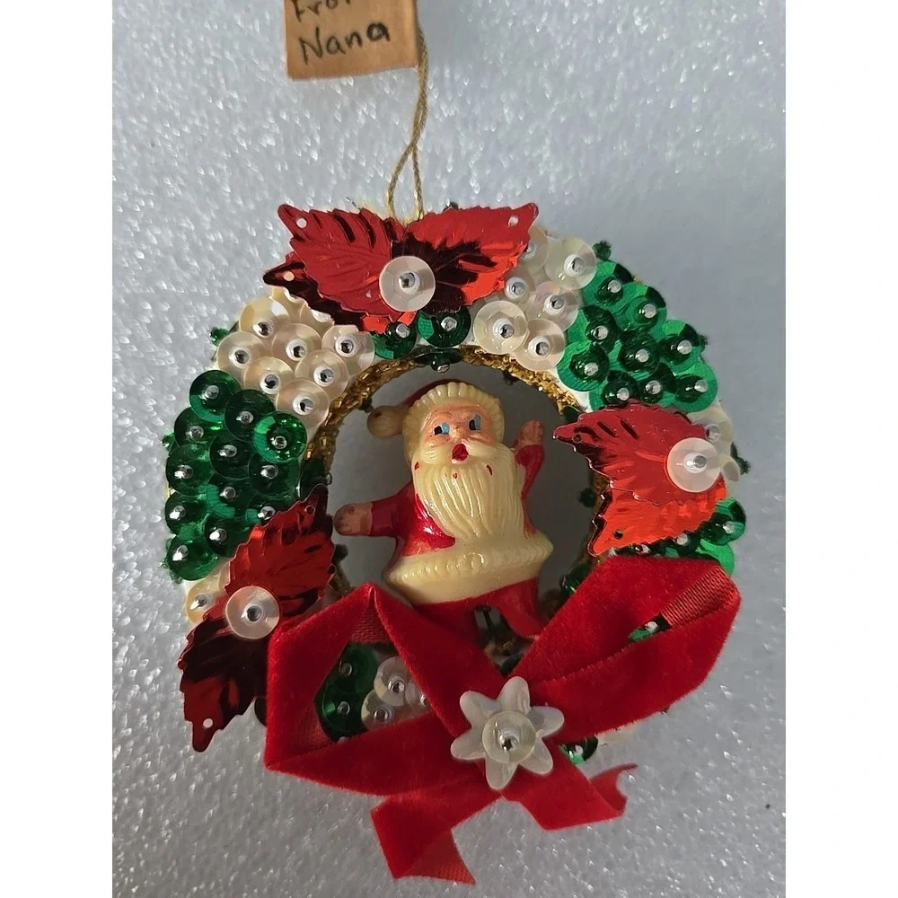Beautiful Vintage Push Pin Bead Sequin With Santa Christmas Tree Wreath Ornament